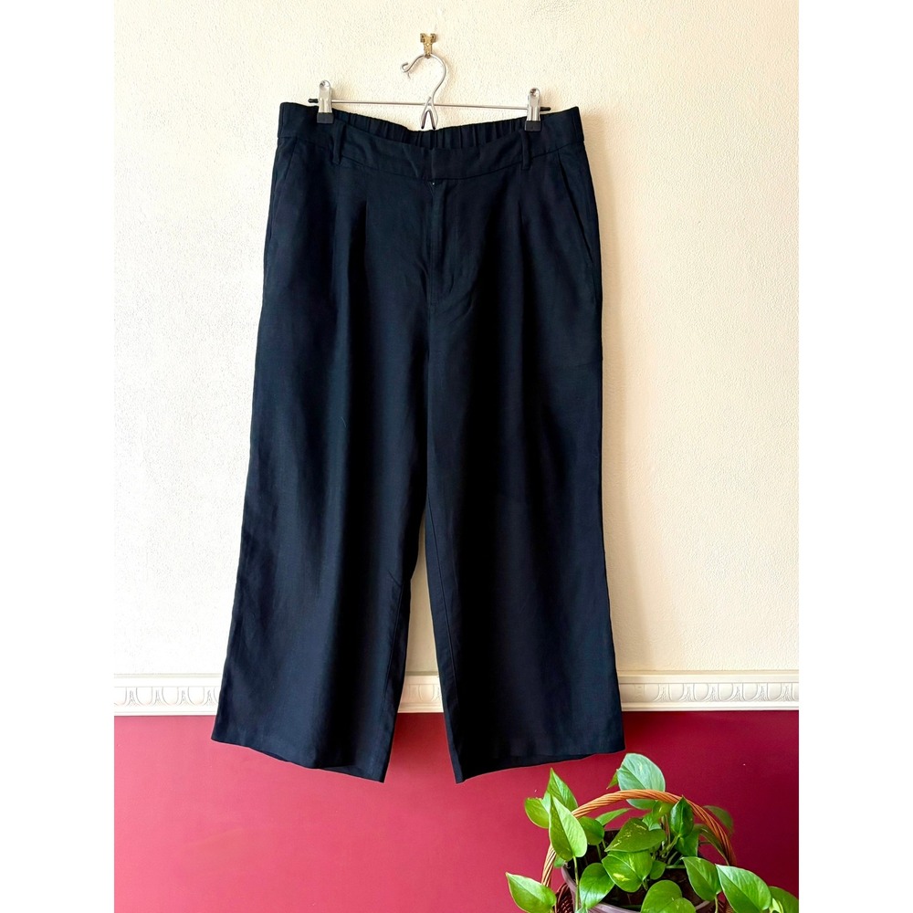 Old Navy Black Linen Blend Wide Leg Cropped Pleated Pants L Lightweight Relaxed